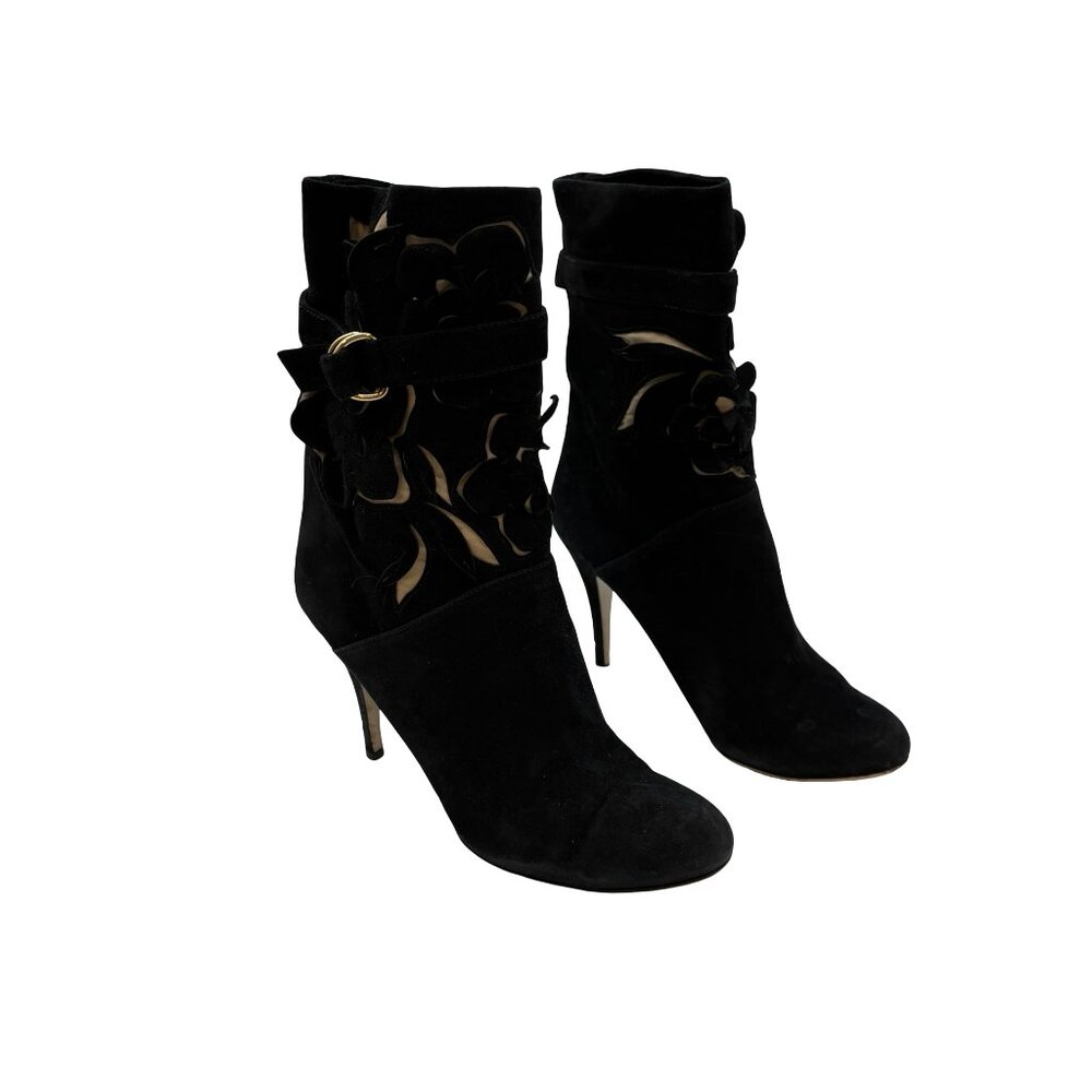 Valentino Garavani Suede Mid-Calf Black Floral Cut Out Booties Size 38